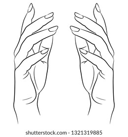 Isolated vector illustration. Two beautiful raised up female hands in elegant gesture. Hand drawn linear sketch. Black silhouette on white background.