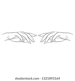 Isolated vector illustration. Two beautiful female hands in elegant gesture. Hand drawn linear sketch. Black silhouette on white background.