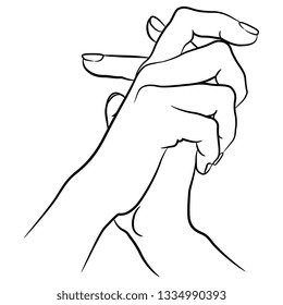 Isolated vector illustration. Two beautiful clasped female hands in elegant gesture. Hand drawn linear sketch. Black silhouette on white background. 