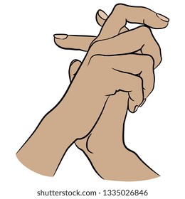 Isolated vector illustration. Two beautiful clasped female hands in elegant gesture. Hand drawn linear sketch. Cartoon style.