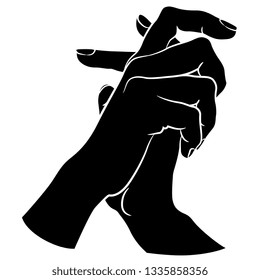Isolated vector illustration. Two beautiful clasped female hands in elegant gesture. Black and white linear silhouette. Cartoon style.