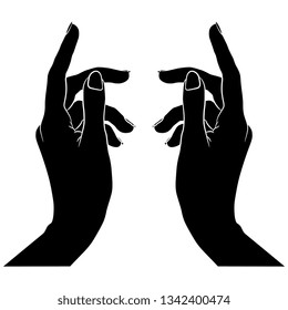 Isolated vector illustration. Two beautiful female hands in elegant holding raised up gesture. Black and white linear silhouette. Cartoon style.