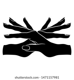 Isolated vector illustration. Two beautiful crossed female hands in elegant gesture. Linear sketch. Black and white silhouette.