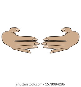 Isolated vector illustration. Two beautiful female Caucasian hand with long nails in elegant embracing or protecting gesture. Cartoon style.