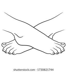 Isolated vector illustration. Two beautiful crossed female feet. Black and white linear silhouette.