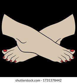 Ilustración vectorial aislada. Dos hermosos pies hembras cruzados con esmalte de uñas rojo en los dedos de los pies. Estilo de caricatura.
