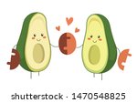 Isolated vector illustration of two cartoon avocado heroes in love holding avocado pit together. Valentine Day vector cartoon fruit character with hearts for romantic design. Perfect match