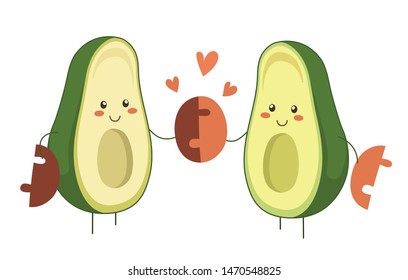 Isolated Vector Illustration Of Two Cartoon Avocado Heroes In Love Holding Avocado Pit Together. Valentine Day Vector Cartoon Fruit Character With Hearts For Romantic Design. Perfect Match