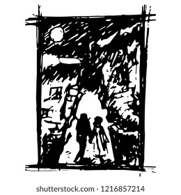 Isolated vector illustration. Two characters walking along the street in the night under full moon. Expressionism woodcut style. Hand drawn sketch. Black silhouette on white background.