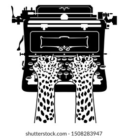 Isolated vector illustration. Two cheeetah paws on top of vintage typewriter. Black and white silhouette.