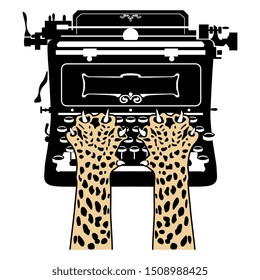 Isolated vector illustration. Two cheetah paws on top of vintage typewriter. 