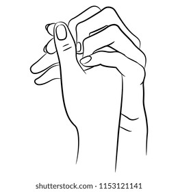 Isolated vector illustration. Two clasped human female hands with intertwined fingers. Hand drawn linear sketch. Black silhouette on white background.