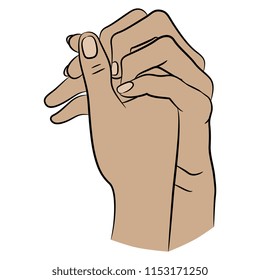 Isolated vector illustration. Two clasped human female hands with intertwined fingers. Hand drawn linear sketch. Cartoon style.