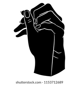 Isolated vector illustration. Two clasped human female hands with intertwined fingers. Cartoon style. Black and white silhouette.