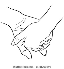 Isolated vector illustration. Two clasped human hands. Friends or lovers. Symbol of relationships. Hand drawn linear sketch. Black silhouette on white background.