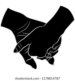 Isolated vector illustration. Two clasped human hands. Friends or lovers. Symbol of relationships. Hand drawn linear sketch. Black and white silhouette. Cartoon style.