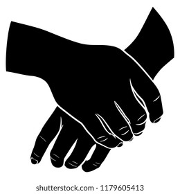 Isolated vector illustration. Two clasped human male hands. Black and white linear silhouette. Cartoon style.