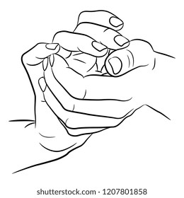 Isolated Vector Illustration. Two Clasped Human Hands. Hand Drawn Linear Sketch. Black Silhouette On White Background.