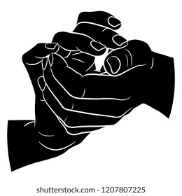 Isolated vector illustration. Two clasped human hands. Black and white linear silhouette. Cartoon style.