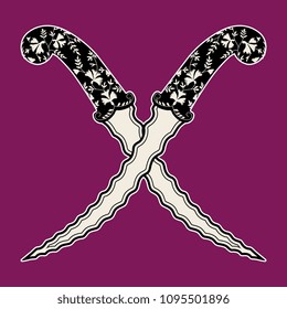 Isolated vector illustration. Two crossed medieval Indian daggers with wavy blades. Symmetrical martial emblem or logo.