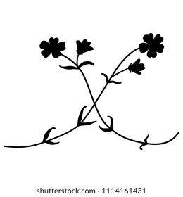 Isolated vector illustration. Two crossed stylized wild flowers with long stems. Black silhouette on white background.