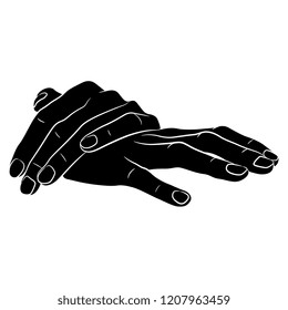 Isolated vector illustration. Two crossed human hands in elegant relaxed gesture. Black and white linear silhouette. Cartoon style.
