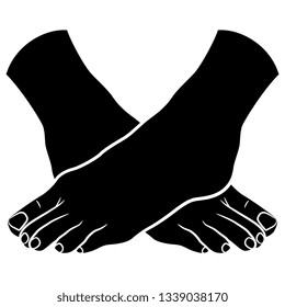 Isolated vector illustration. Two crossed bare human feet. Black and white linear silhouette. Cartoon style.