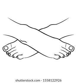 Isolated vector illustration. Two crossed bare female feet. Black and white linear silhouette. Cartoon style.