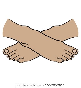 Isolated vector illustration. Two crossed bare female feet. Cartoon style. Cross legged sitting person.