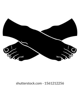 Isolated vector illustration. Two crossed bare female feet. Cross legged sitting person. Black and white silhouette.