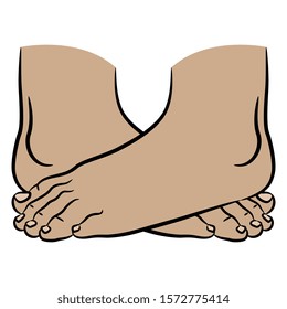 Isolated vector illustration. Two crossed bare human feet. Cartoon style.