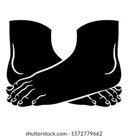 Isolated vector illustration. Two crossed bare human feet. Cartoon style. Black and white linear silhouette.