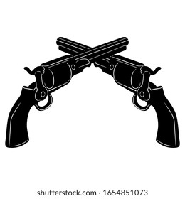 Isolated vector illustration. Two crossed vintage revolvers. Firearm emblem. Black and white silhouette.