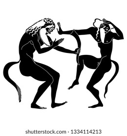 Isolated vector illustration. Two dancing ancient Greek satyrs with rhyton of wine. Black and white linear silhouette.