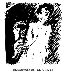 Isolated vector illustration. Two fantastic characters. Victorian detective and beautiful lady. Hand drawn linear sketch. Black silhouette on white background.