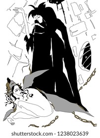Isolated vector illustration. Two fantastic characters. Female and male archetypes. Hand drawn original style art.