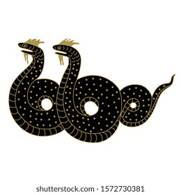 Isolated vector illustration. Two fantastic snakes of dragons. Ancient Greek vase painting motif. Black and gold silhouette.