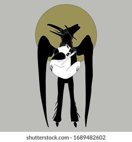 Isolated vector illustration. Two fantastic characters. Raven man holding young girl in his arms. Monochrome silhouette. Romantic love. Totem lover.