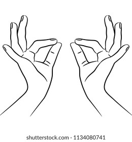 Isolated vector illustration of two female hands in OK or pinch gesture. Hand drawn linear sketch. Black silhouette on white background.