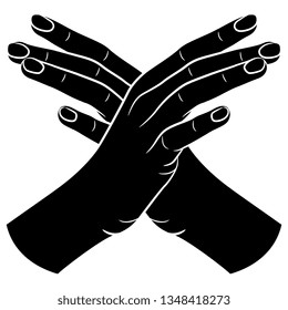 Isolated vector illustration. Two female hands crossed in elegant gesture. Black and white linear silhouette. Cartoon style.