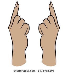 Isolated vector illustration. Two female human hands with pointing up index fingers and long nails. Cartoon style.