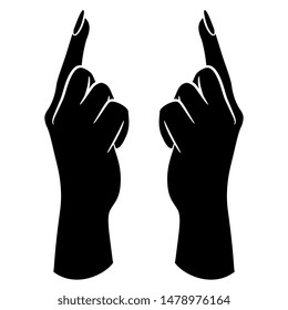 Isolated vector illustration. Two female human hands with pointing up index fingers and long nails. Black and white silhouette.