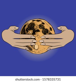 Isolated vector illustration. Two female hands holding full moon. Metaphor for feminine power.