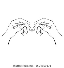 Isolated vector illustration. two female hands with long nails. Hand drawn linear doodle sketch. Black silhouette on white background.