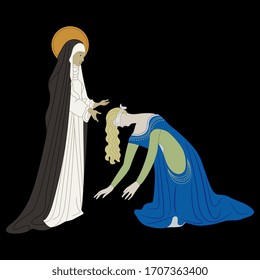 Isolated vector illustration. Two female archetypes. Opposite characters. Nun and repentant beauty.
