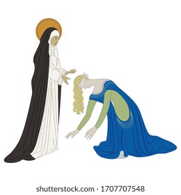 Ilustración vectorial aislada. Dos arquetipos femeninos. Caracteres opuestos. Nun y belleza arrepentida.