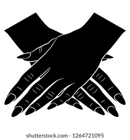 Isolated vector illustration. Two folded or crossed female hands with long nails. Black and white linear silhouette. Cartoon style.