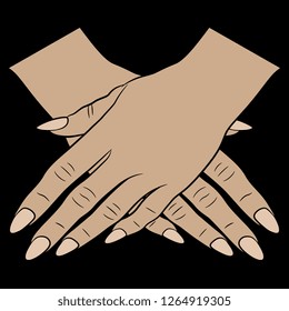 Isolated vector illustration. Two folded or crossed female Caucasian hands with long nails. Hand drawn sketch. Carton style. On black background.