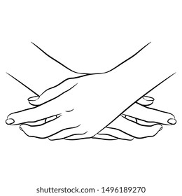 Isolated vector illustration. Two folded female hands. Elegant beautiful relaxed gesture. Black and white linear sketch.