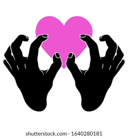 Isolated vector illustration. Two greedy human hands with clenched fingers holding heart symbol. Romantic emblem.